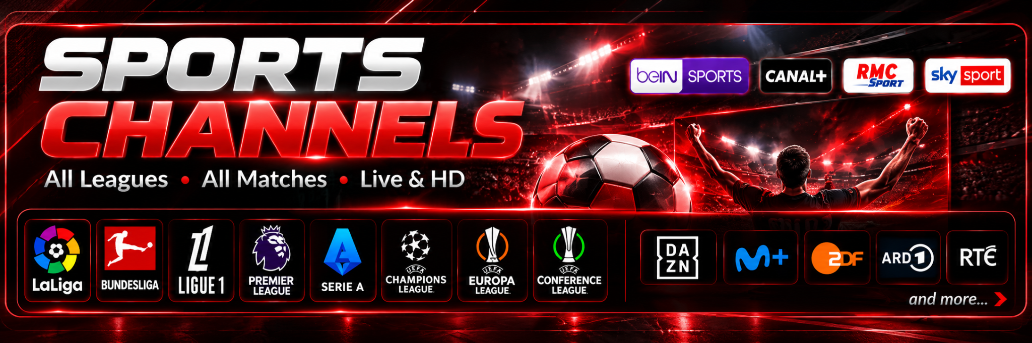 Banner deportivo con ligas europeas y canales deportivos